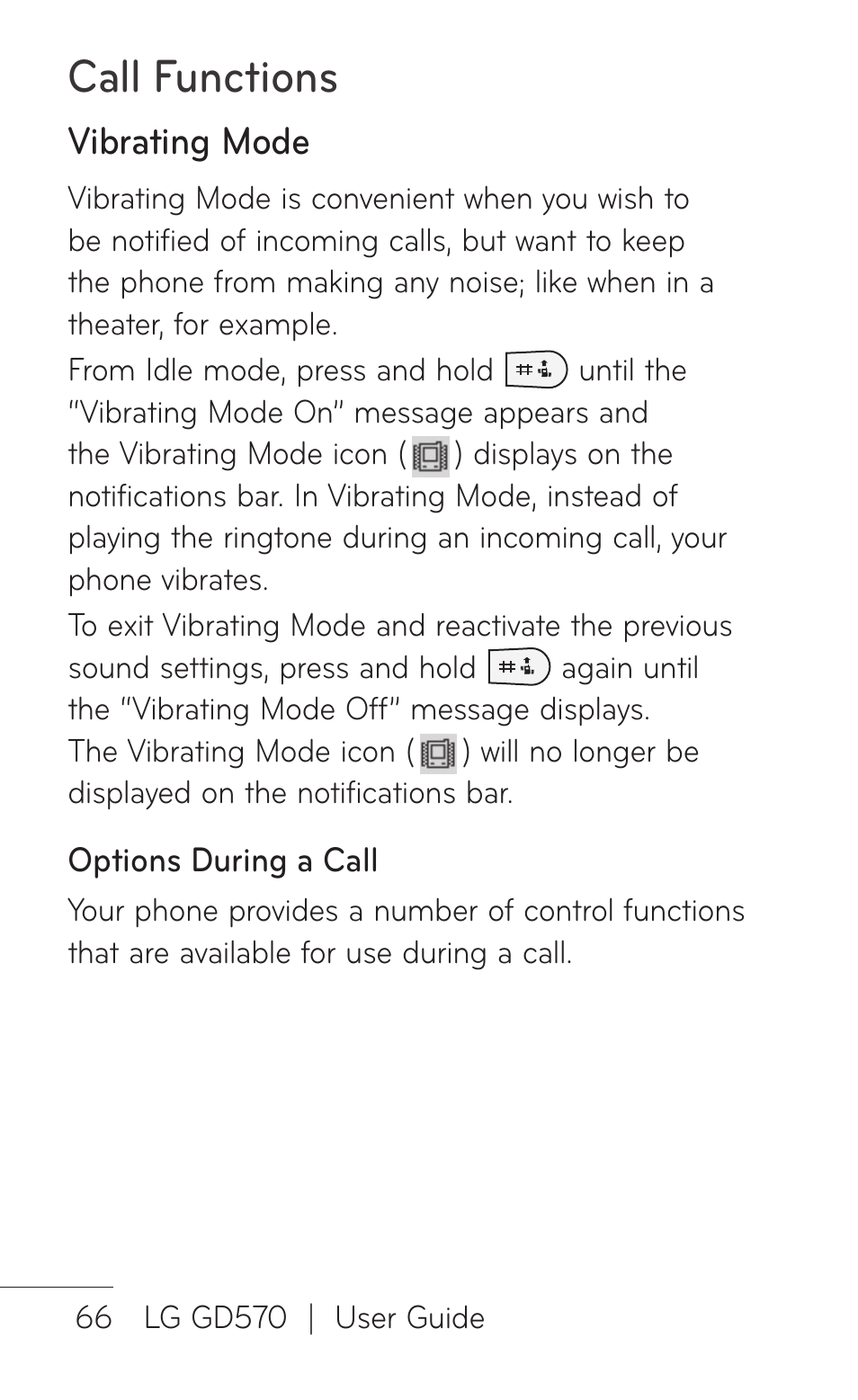 Call functions, Vibrating mode | LG GD570 User Manual | Page 68 / 174