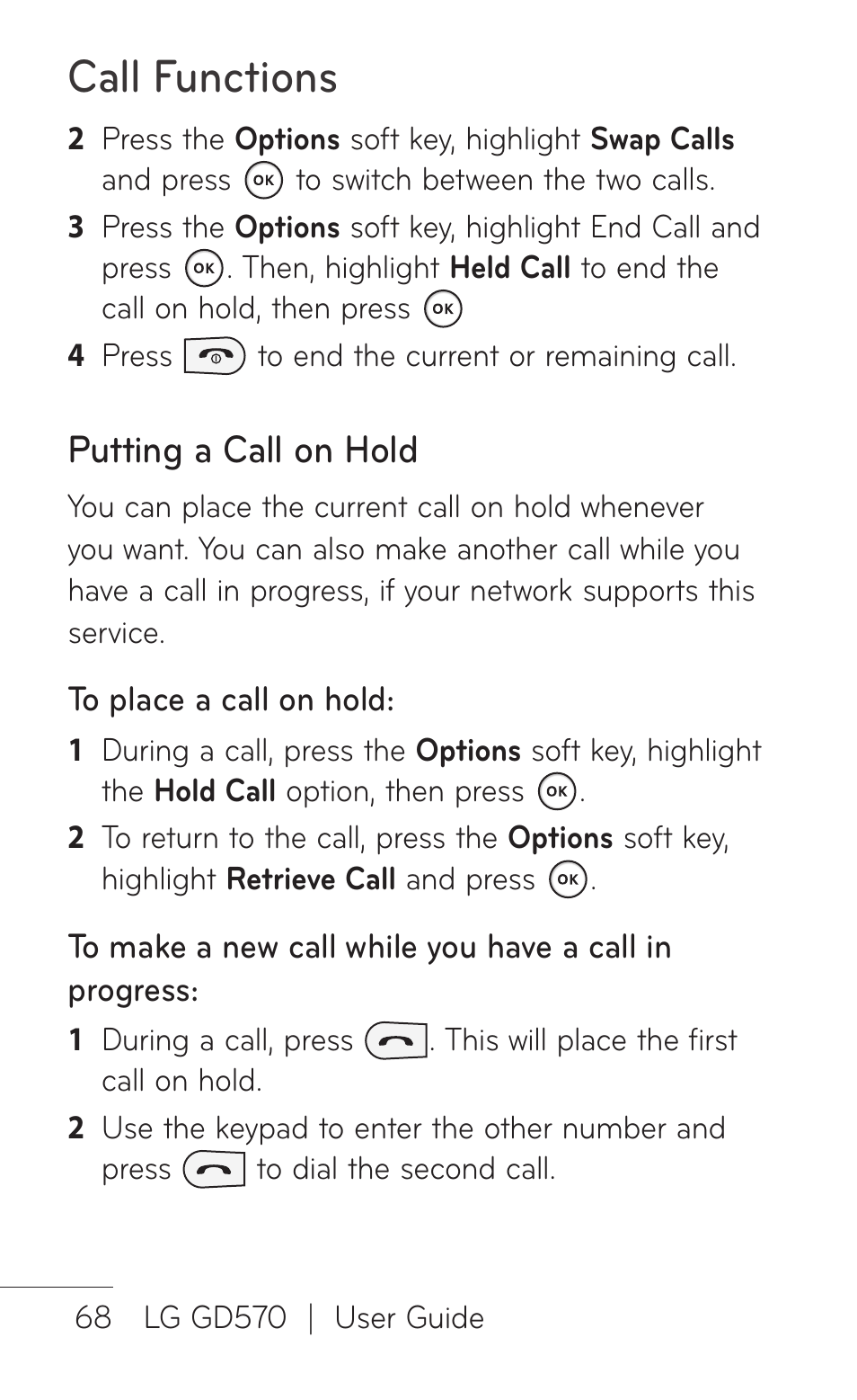 Call functions, Putting a call on hold | LG GD570 User Manual | Page 70 / 174