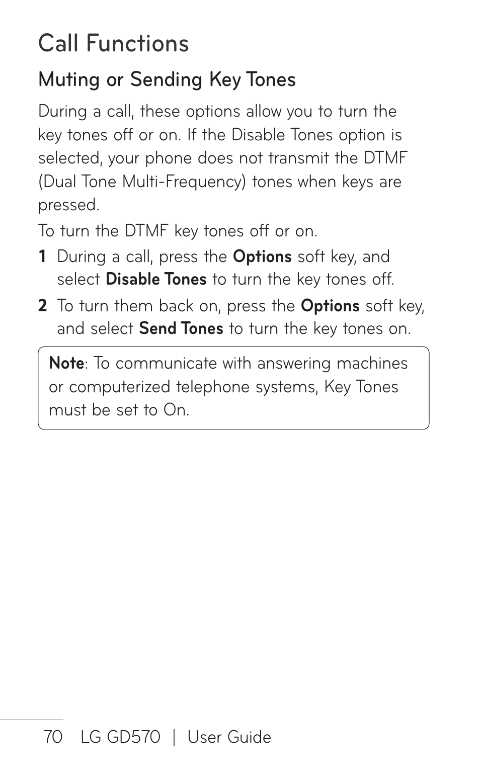 Call functions, Muting or sending key tones | LG GD570 User Manual | Page 72 / 174