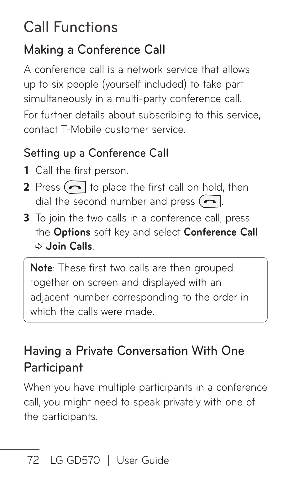 Call functions, Making a conference call, Having a private conversation with one participant | LG GD570 User Manual | Page 74 / 174