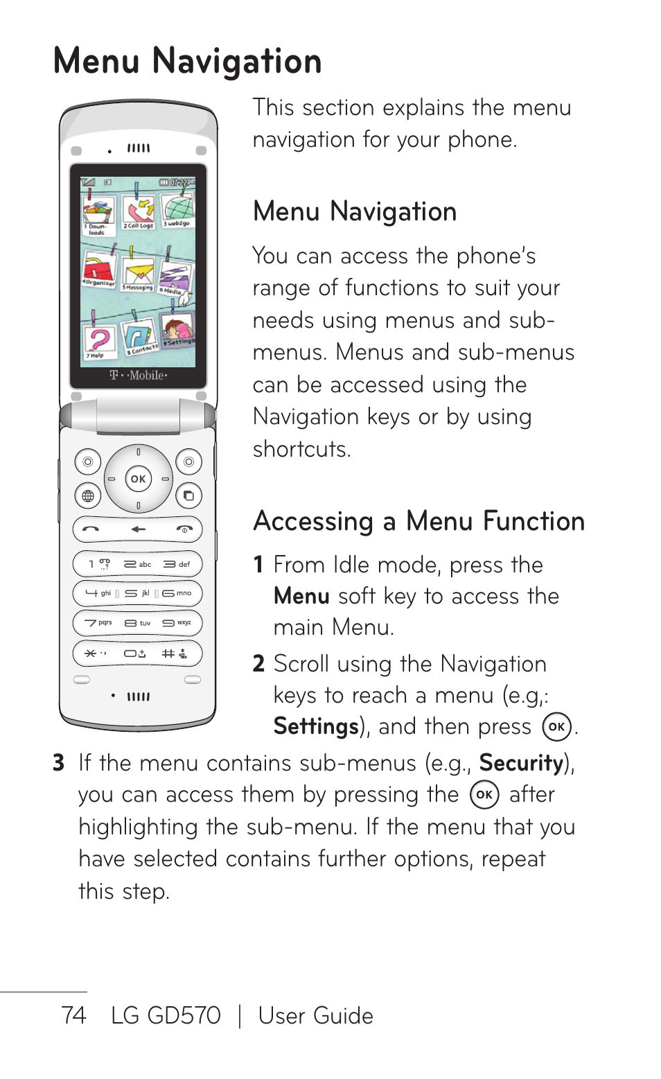 Menu navigation, Accessing a menu function | LG GD570 User Manual | Page 76 / 174