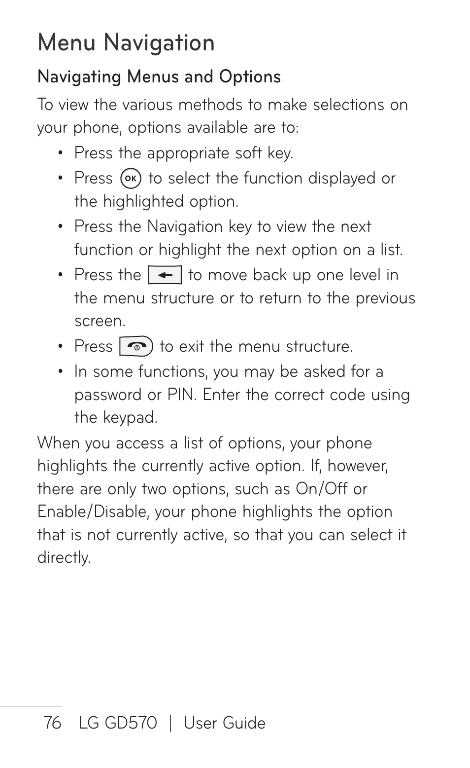 Menu navigation | LG GD570 User Manual | Page 78 / 174