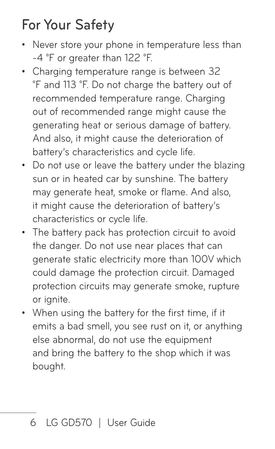 For your safety | LG GD570 User Manual | Page 8 / 174