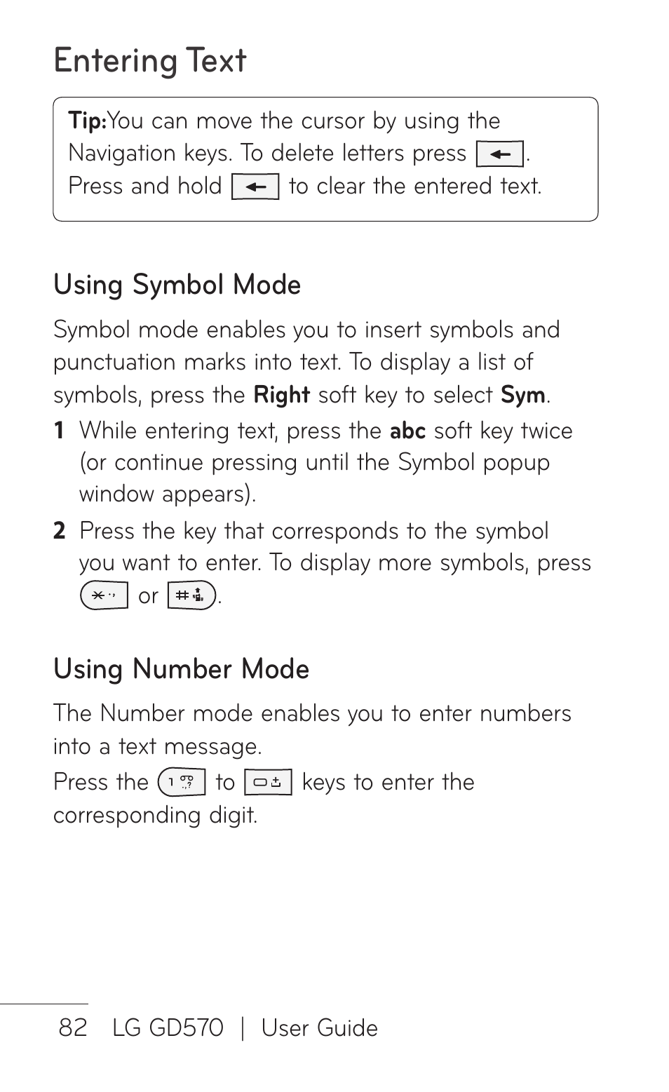 Entering text, Using symbol mode, Using number mode | LG GD570 User Manual | Page 84 / 174