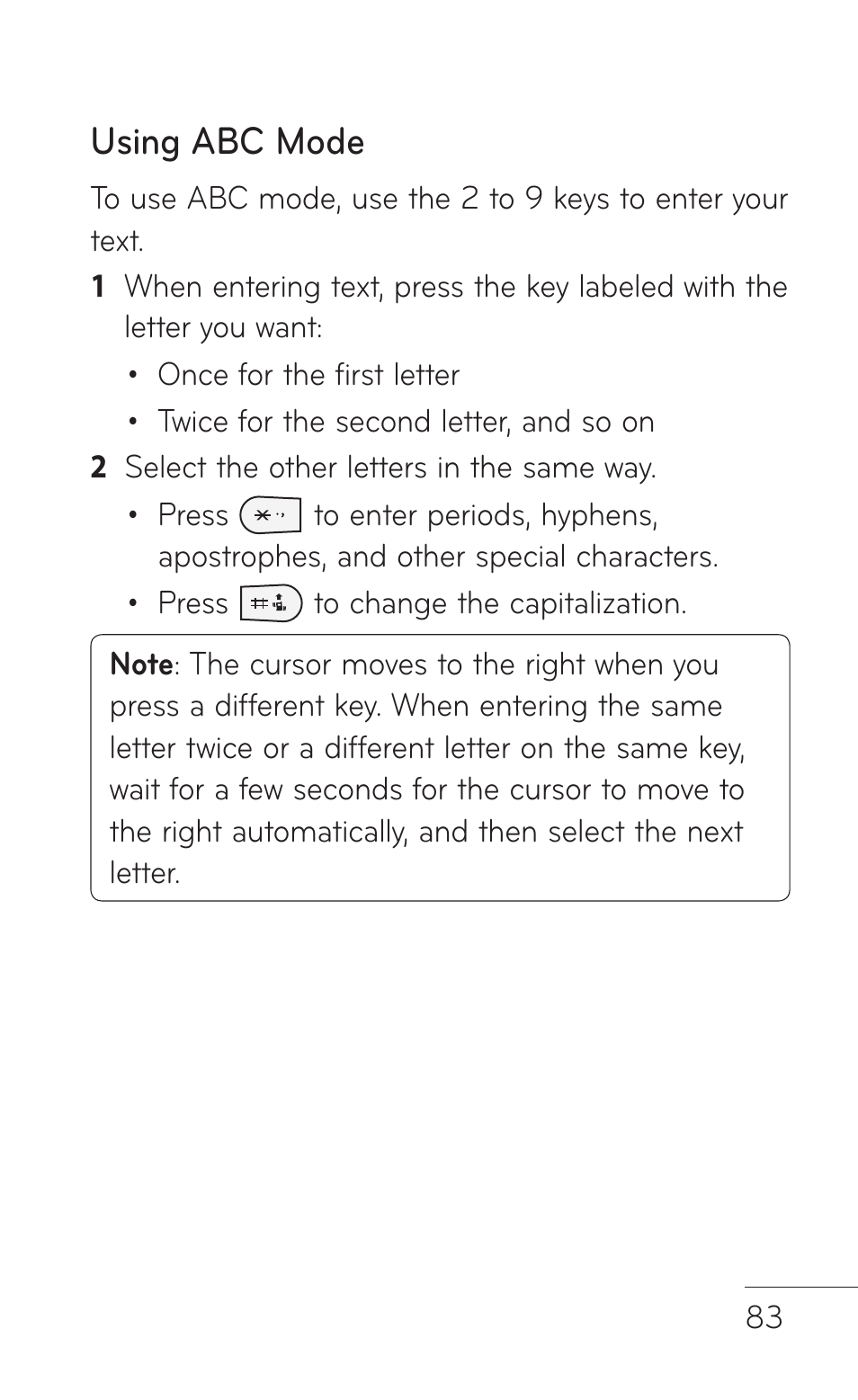 Using abc mode | LG GD570 User Manual | Page 85 / 174