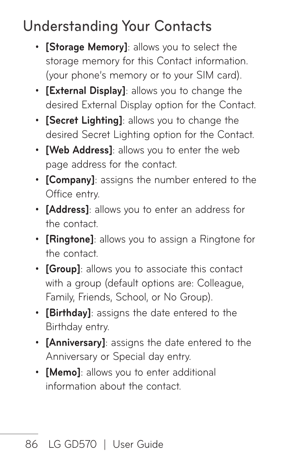 Understanding your contacts | LG GD570 User Manual | Page 88 / 174