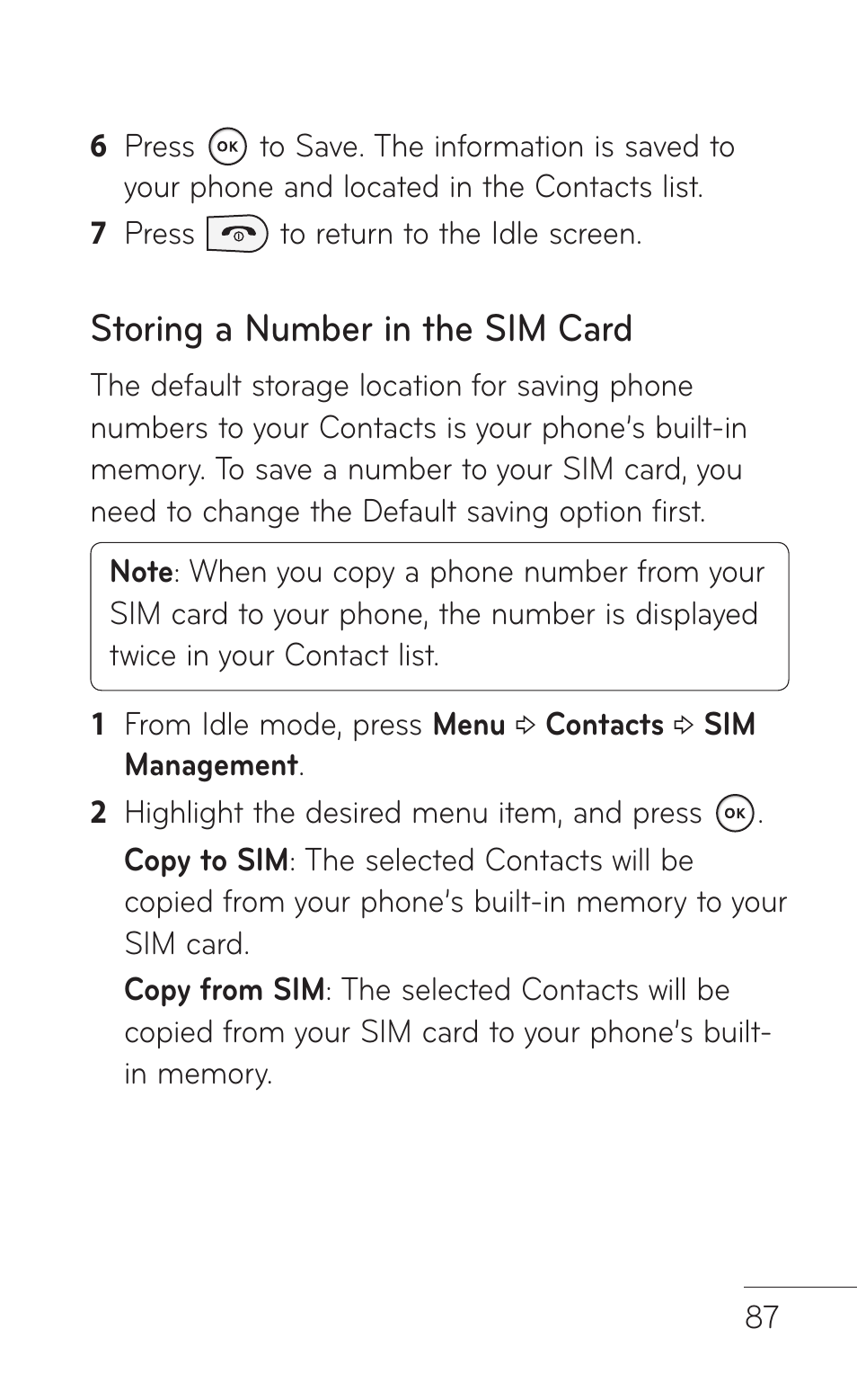 Storing a number in the sim card | LG GD570 User Manual | Page 89 / 174