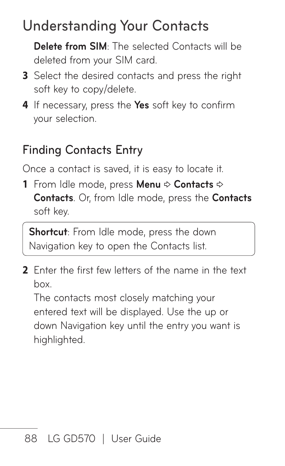 Understanding your contacts, Finding contacts entry | LG GD570 User Manual | Page 90 / 174