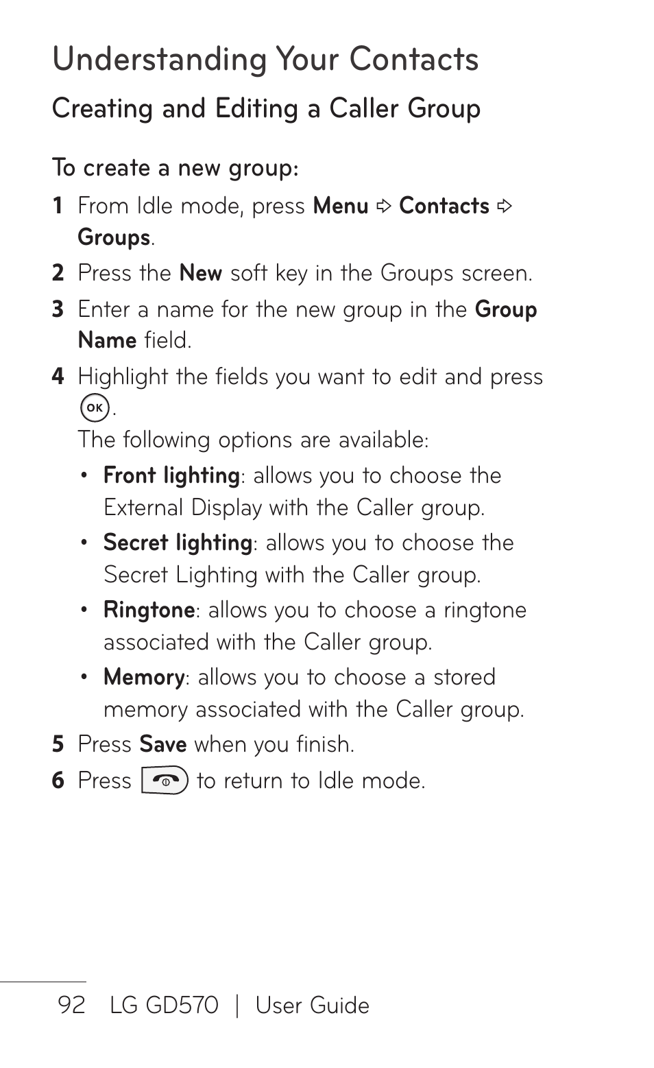 Understanding your contacts, Creating and editing a caller group | LG GD570 User Manual | Page 94 / 174