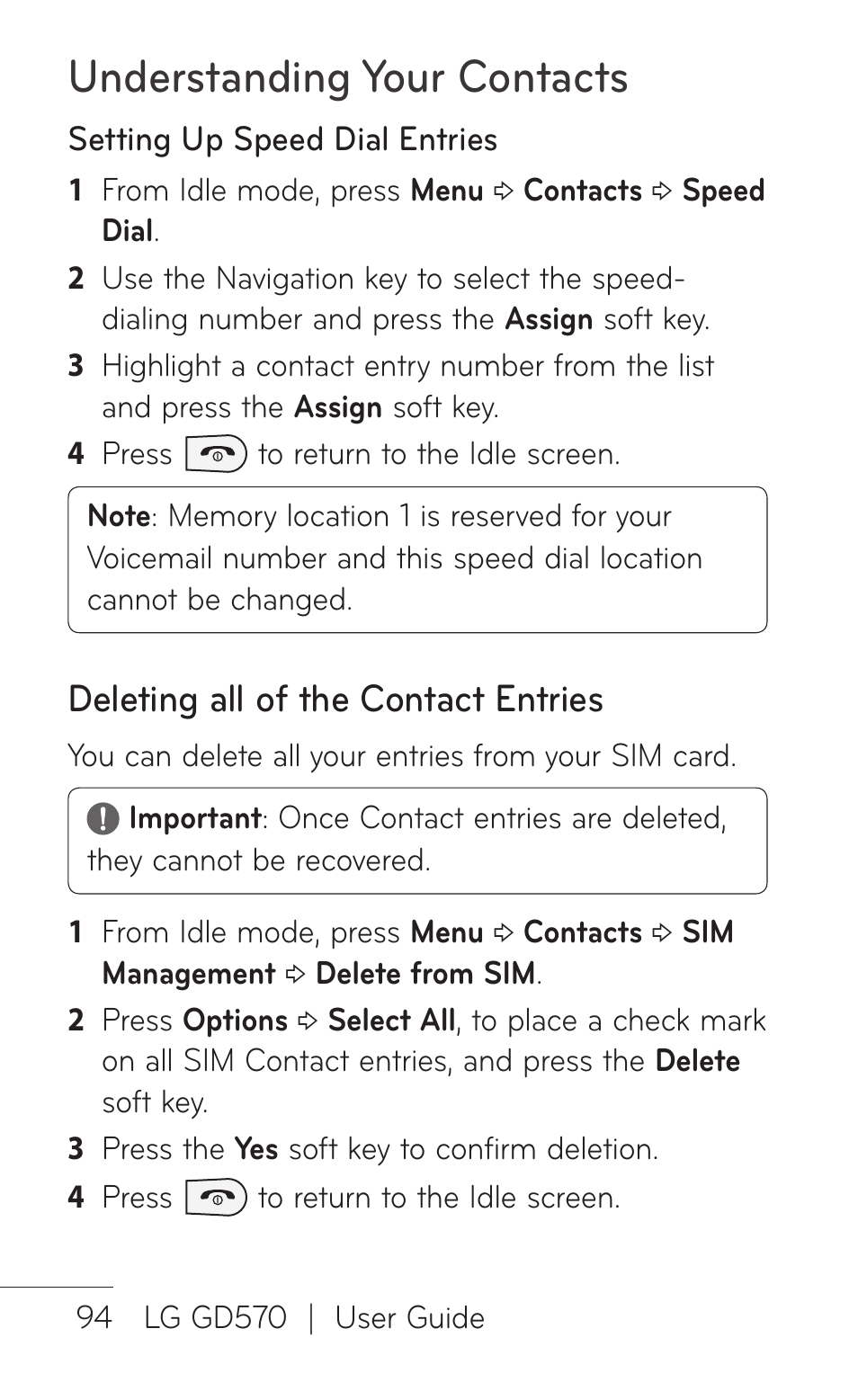 Understanding your contacts, Deleting all of the contact entries | LG GD570 User Manual | Page 96 / 174