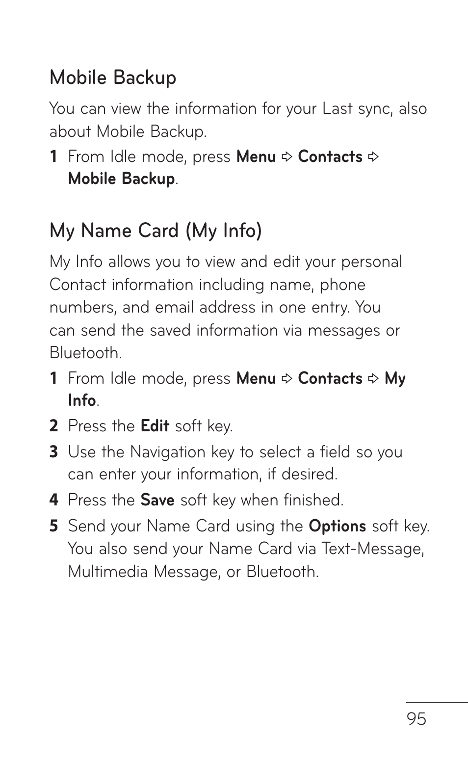 Mobile backup, My name card (my info) | LG GD570 User Manual | Page 97 / 174