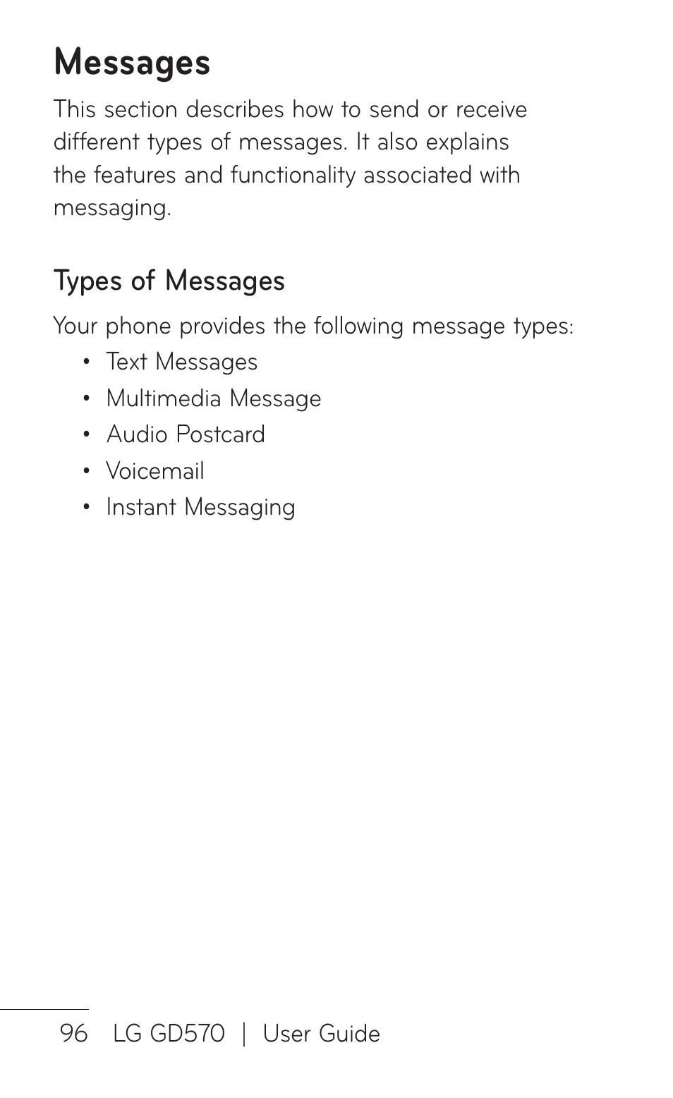 Messages, Types of messages | LG GD570 User Manual | Page 98 / 174