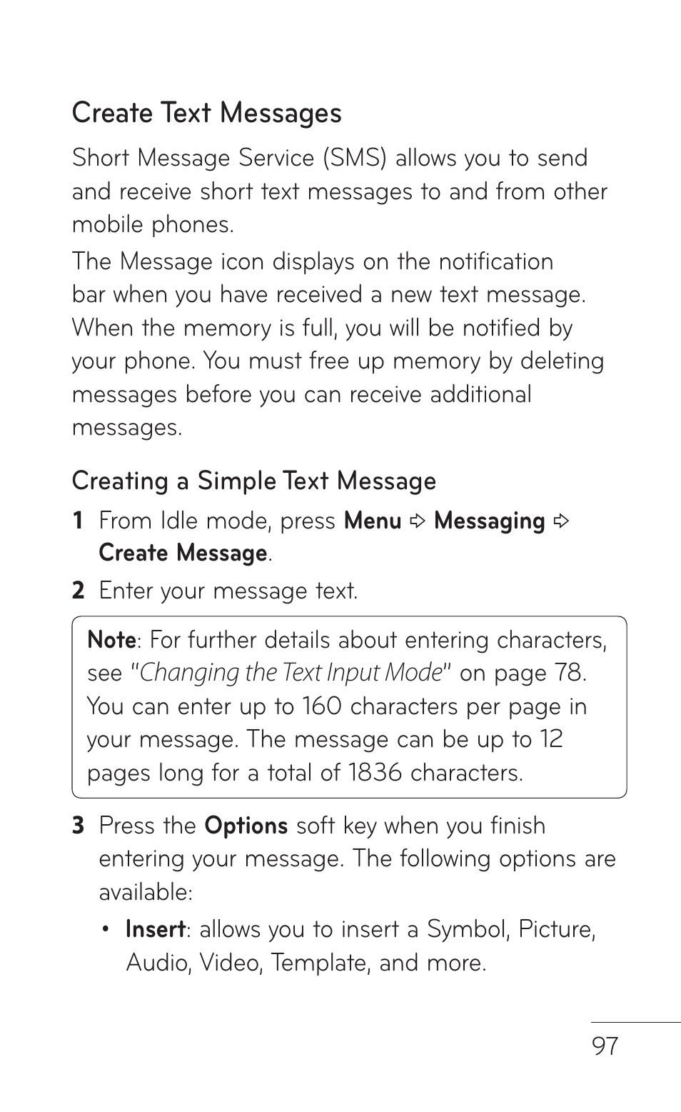 Create text messages | LG GD570 User Manual | Page 99 / 174