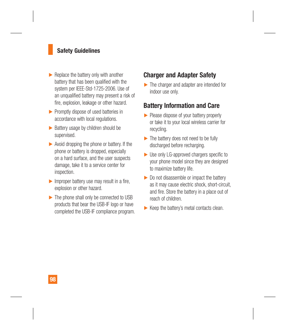 Charger and adapter safety, Battery information and care | LG GU295 User Manual | Page 102 / 258