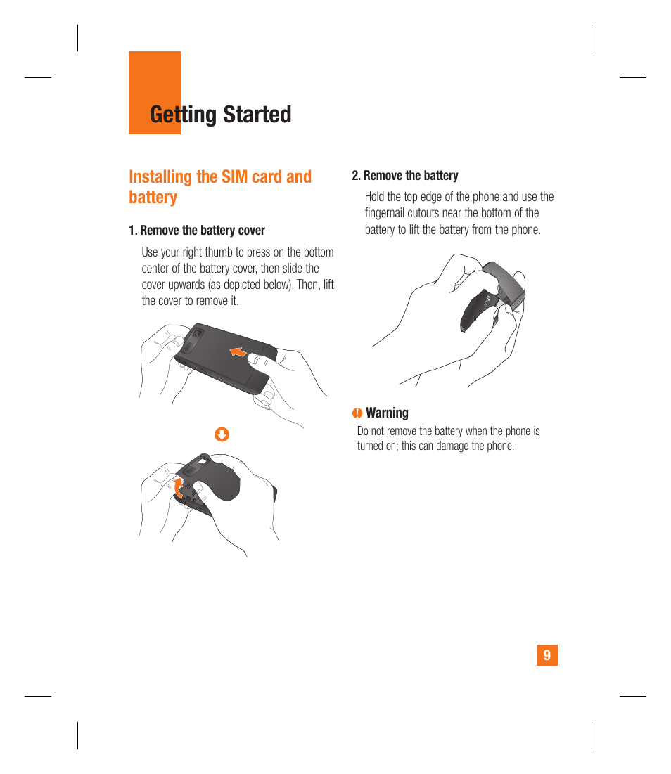 Getting started, Installing the sim card and battery | LG GU295 User Manual | Page 13 / 258