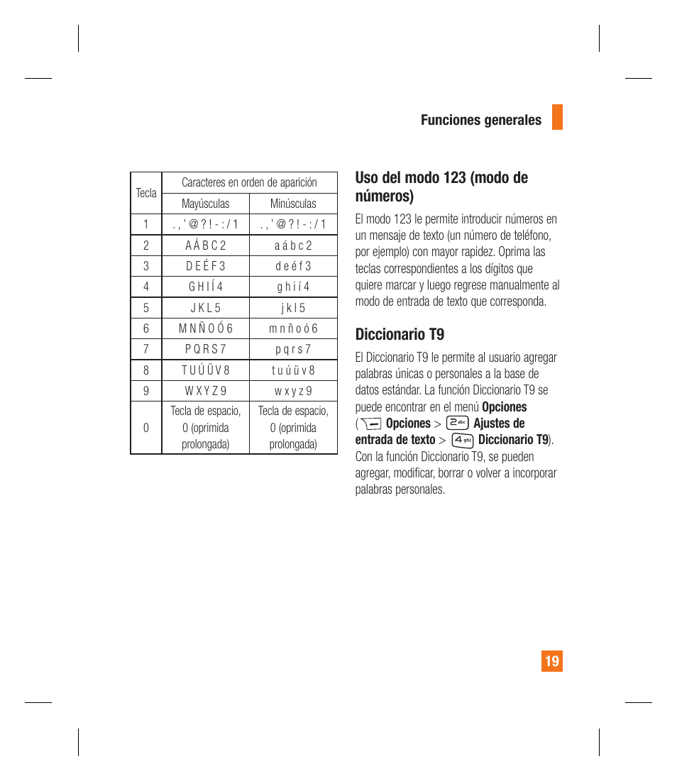 Uso del modo 123 (modo de números), Diccionario t9 | LG GU295 User Manual | Page 145 / 258