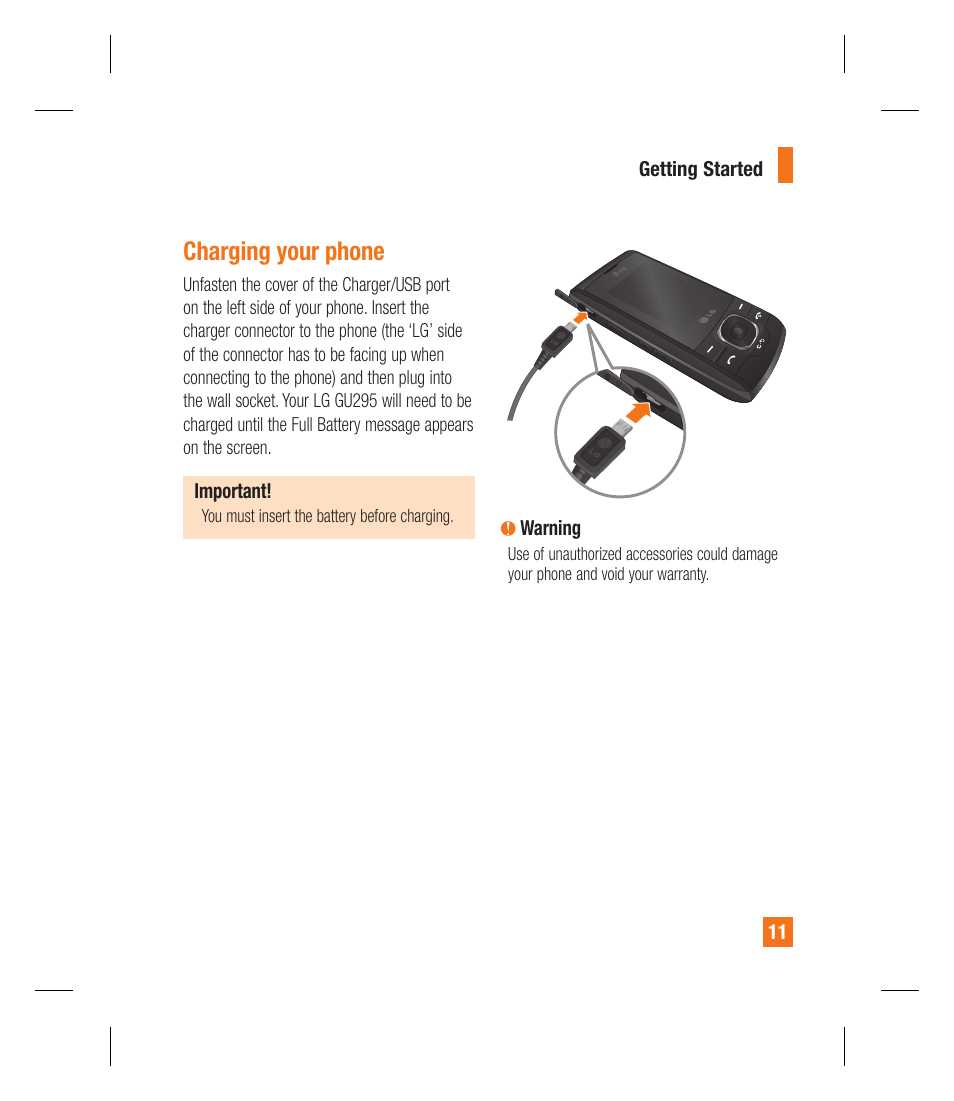 Charging your phone | LG GU295 User Manual | Page 15 / 258