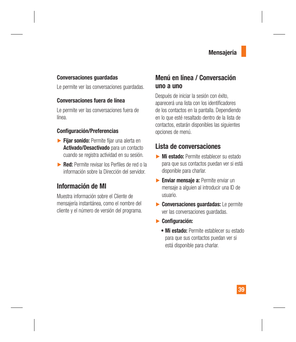 Información de mi, Menú en línea / conversación uno a uno, Lista de conversaciones | LG GU295 User Manual | Page 165 / 258