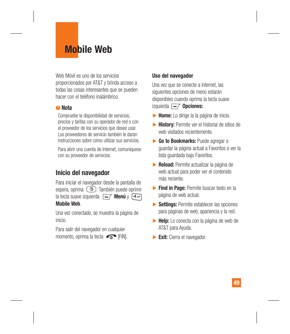 Mobile web, Inicio del navegador | LG GU295 User Manual | Page 175 / 258