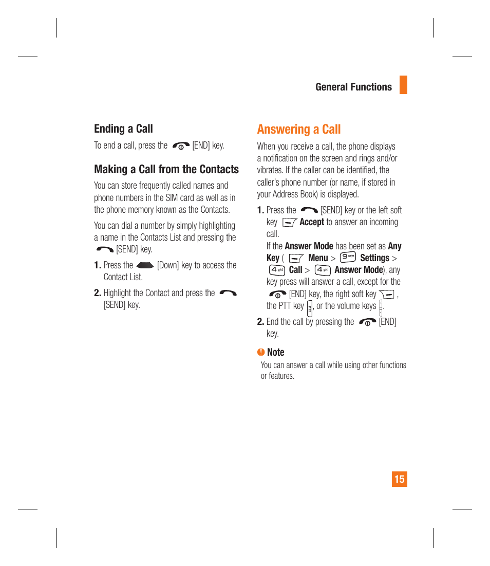 Answering a call, Ending a call, Making a call from the contacts | LG GU295 User Manual | Page 19 / 258