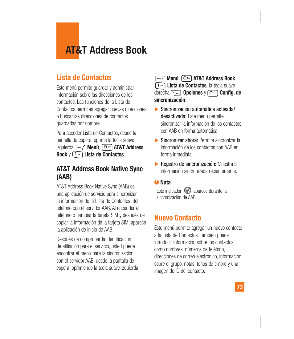 At&t address book, Lista de contactos, Nuevo contacto | LG GU295 User Manual | Page 199 / 258