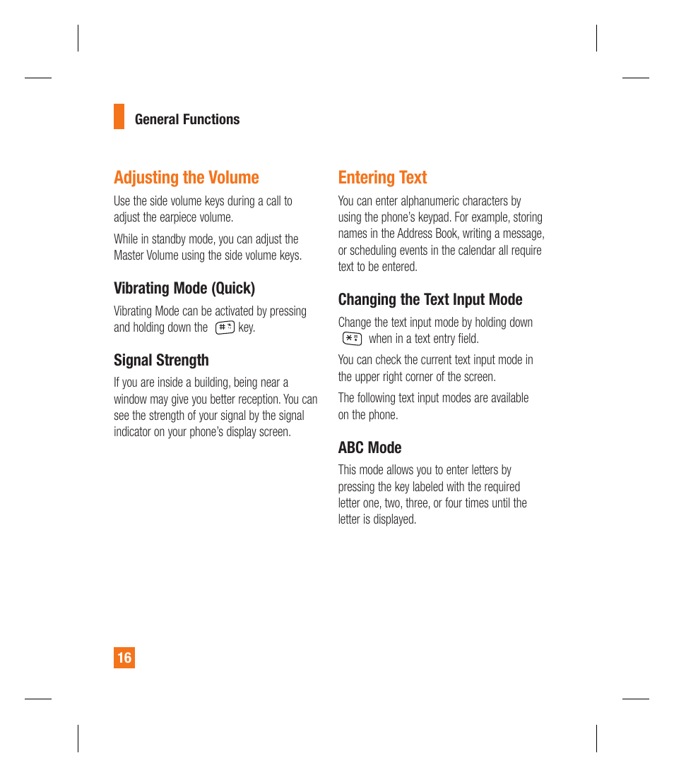 Adjusting the volume, Entering text | LG GU295 User Manual | Page 20 / 258