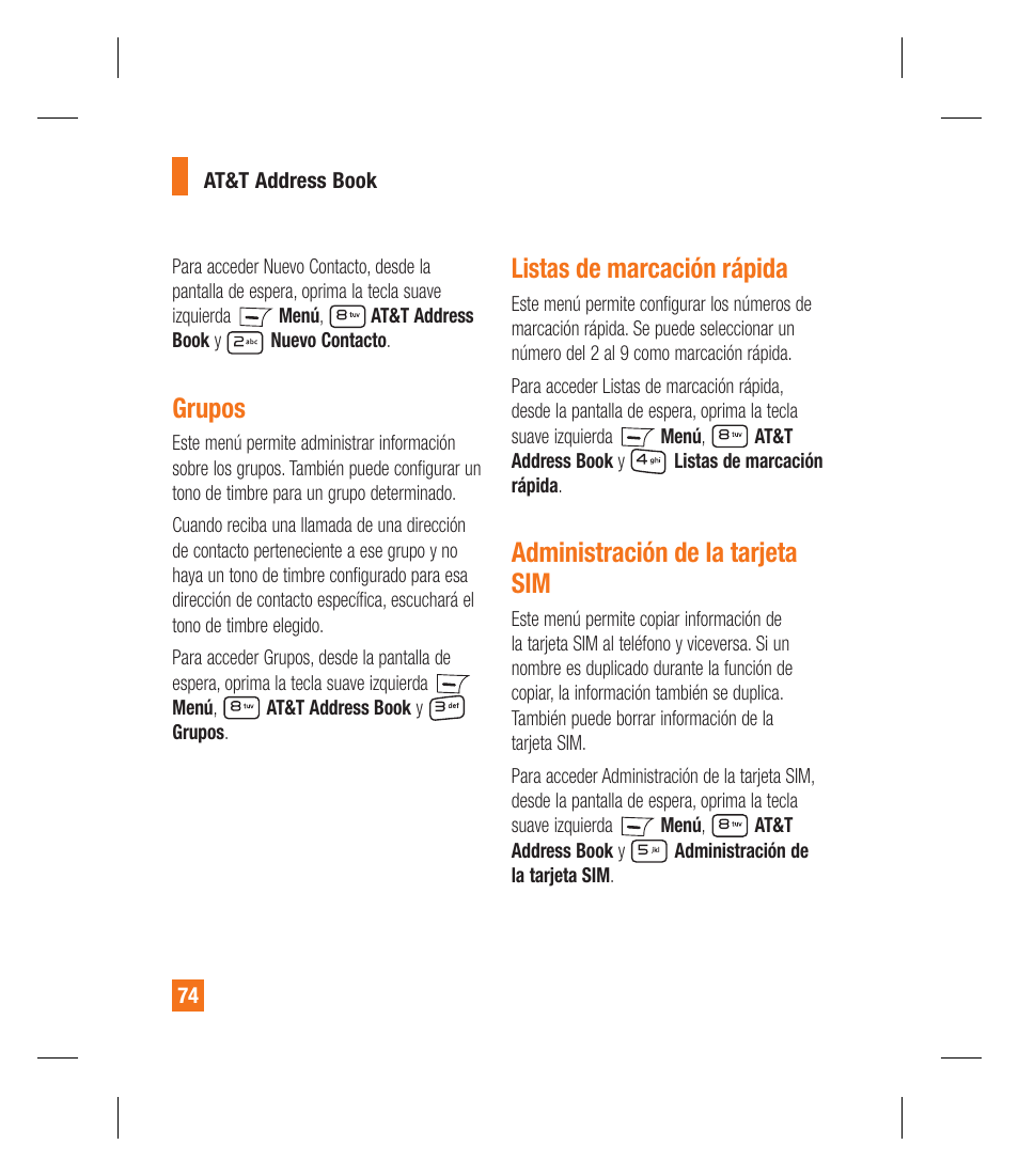 Grupos, Listas de marcación rápida, Administración de la tarjeta sim | LG GU295 User Manual | Page 200 / 258