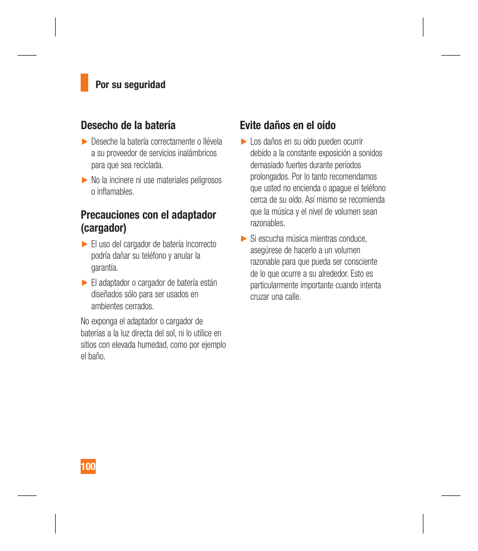 Desecho de la batería, Precauciones con el adaptador (cargador), Evite daños en el oído | LG GU295 User Manual | Page 226 / 258