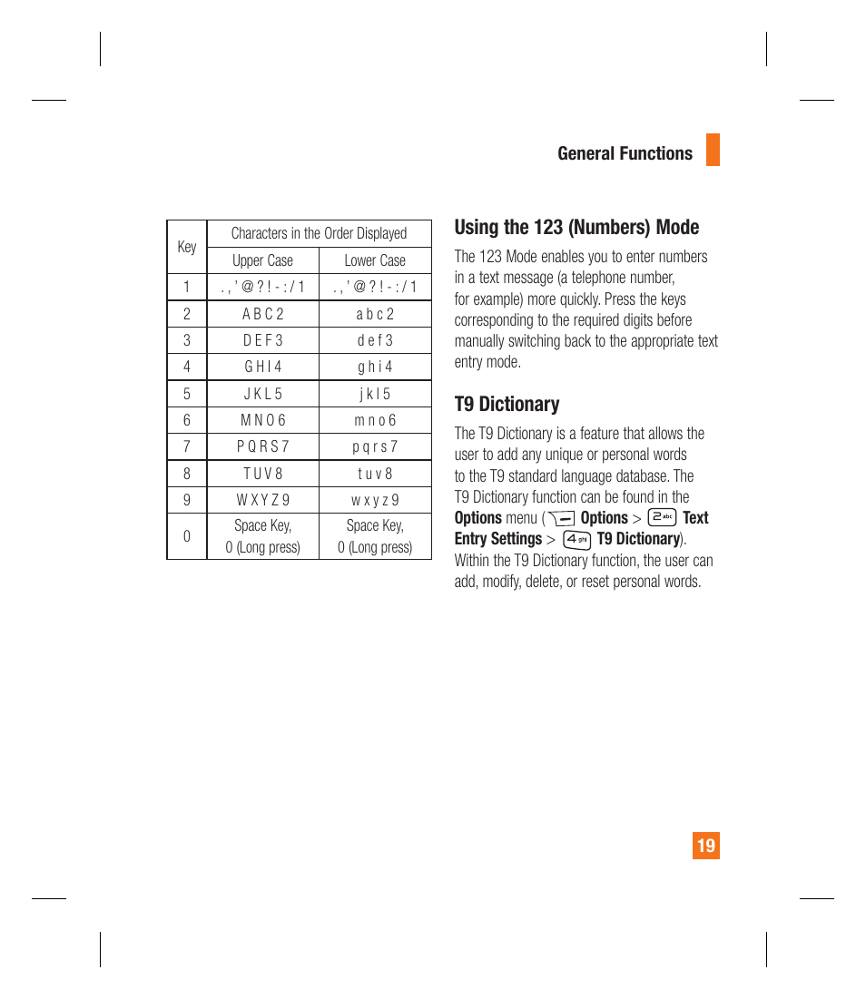 Using the 123 (numbers) mode, T9 dictionary | LG GU295 User Manual | Page 23 / 258