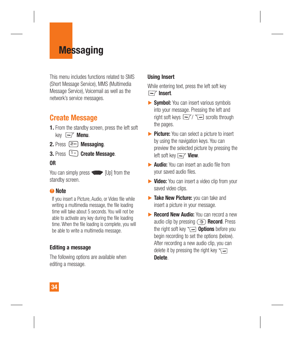 Messaging, Create message | LG GU295 User Manual | Page 38 / 258