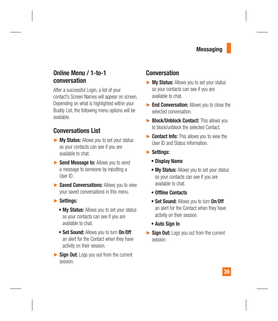 Online menu / 1-to-1 conversation, Conversations list, Conversation | LG GU295 User Manual | Page 43 / 258