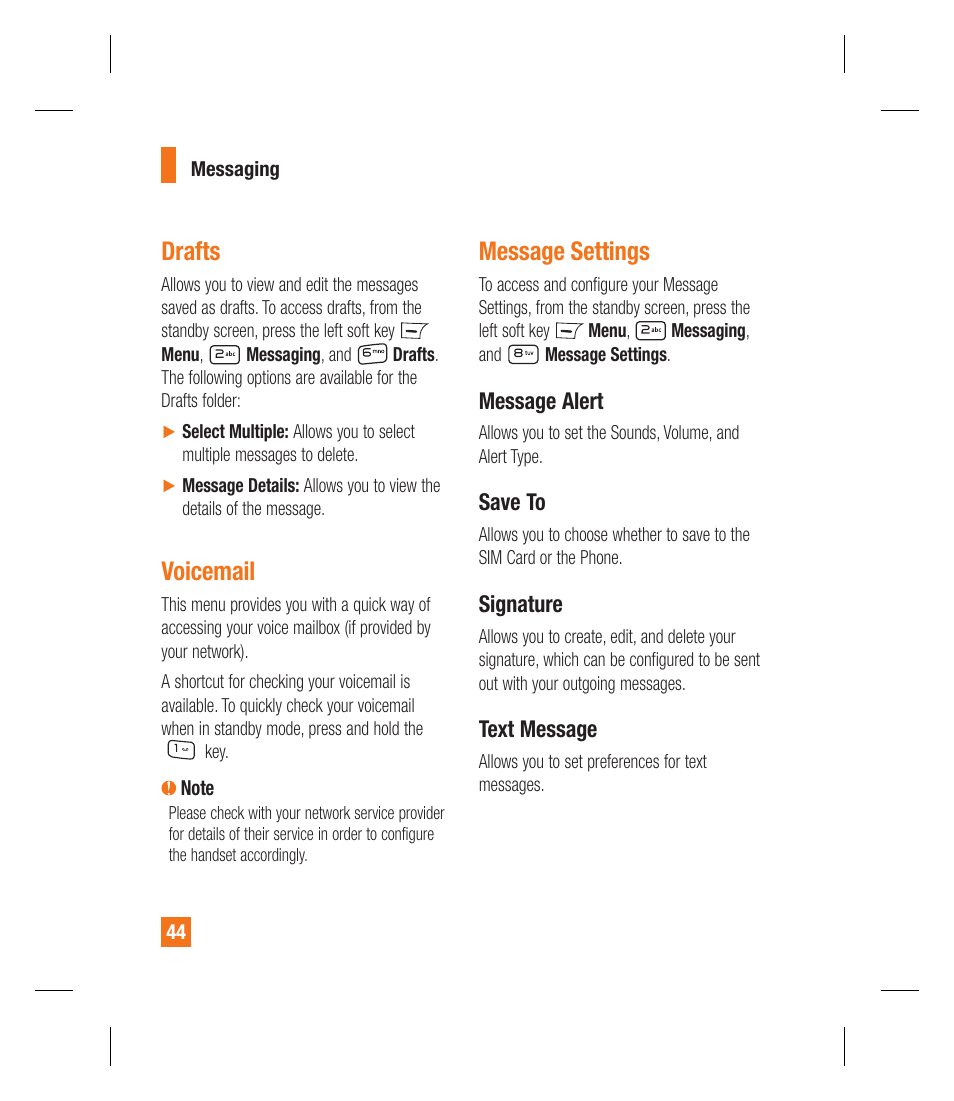 Drafts, Voicemail, Message settings | LG GU295 User Manual | Page 48 / 258