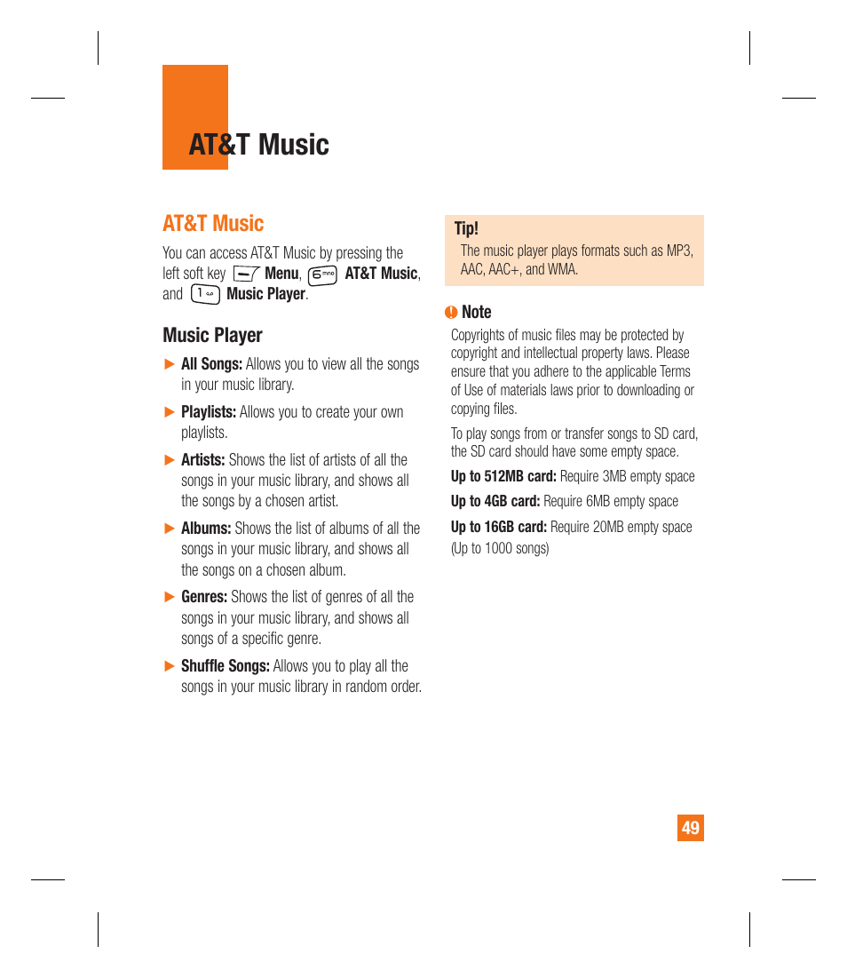 At&t music, Music player | LG GU295 User Manual | Page 53 / 258