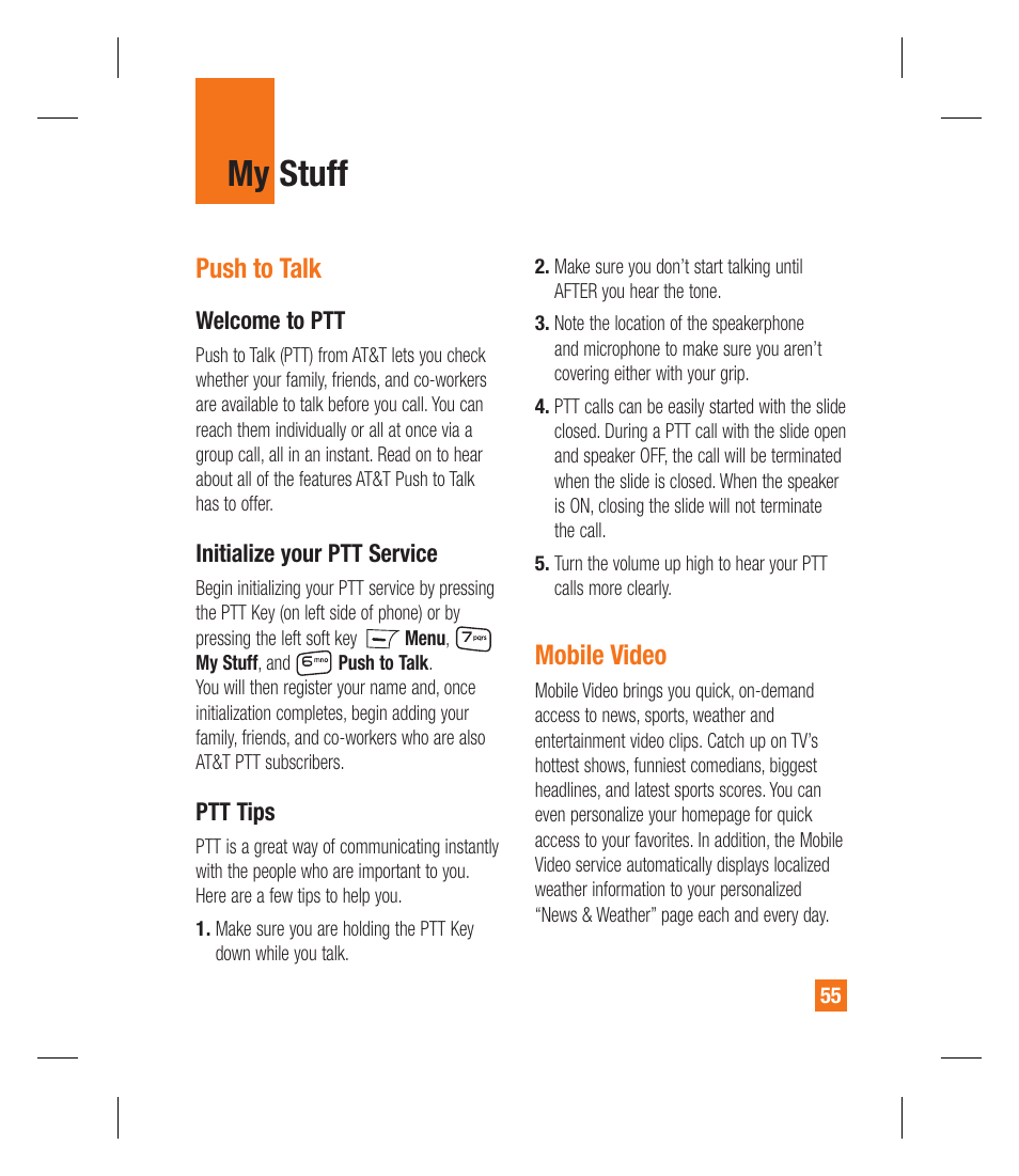 My stuff, Push to talk, Mobile video | LG GU295 User Manual | Page 59 / 258