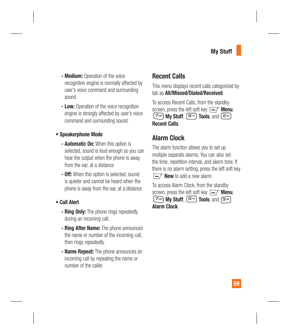 Recent calls, Alarm clock | LG GU295 User Manual | Page 63 / 258