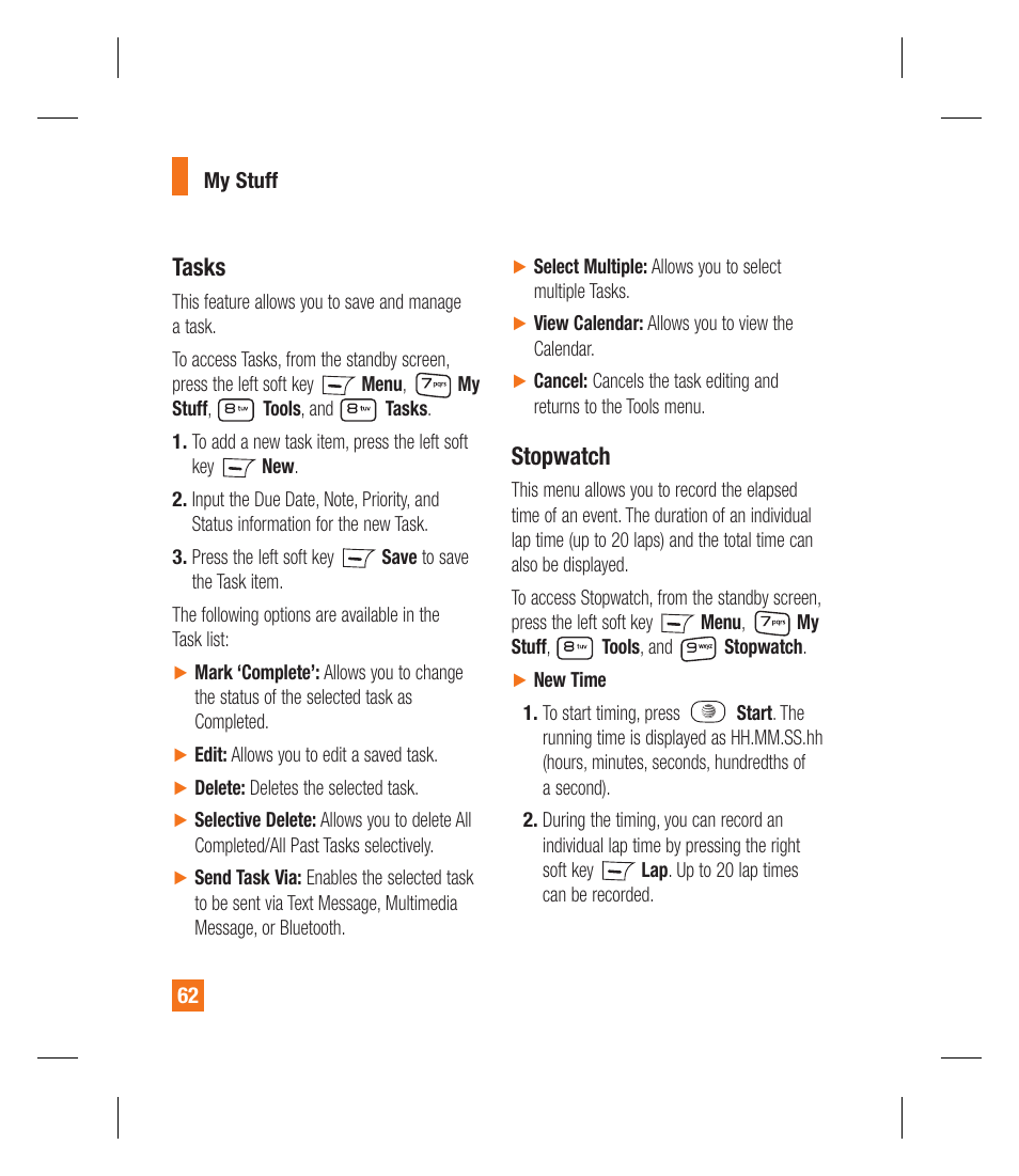 Tasks, Stopwatch | LG GU295 User Manual | Page 66 / 258