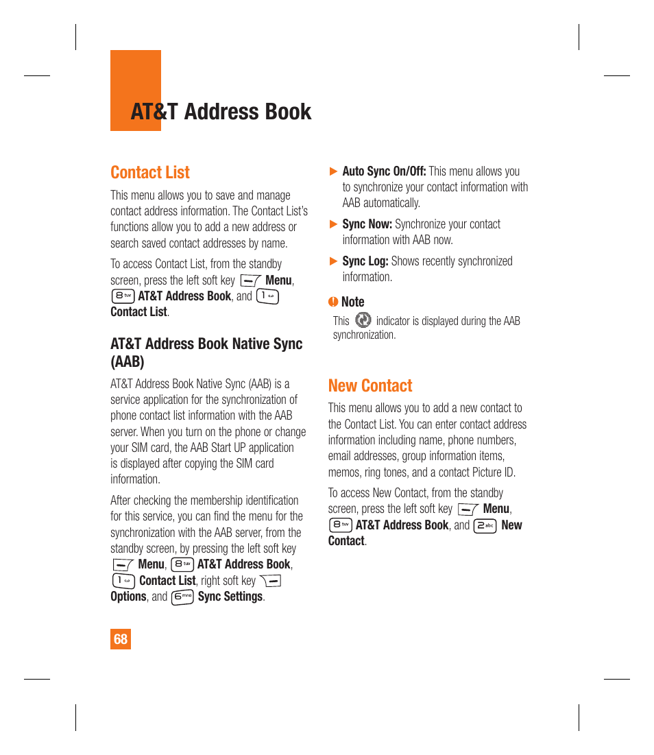 At&t address book, Contact list, New contact | LG GU295 User Manual | Page 72 / 258
