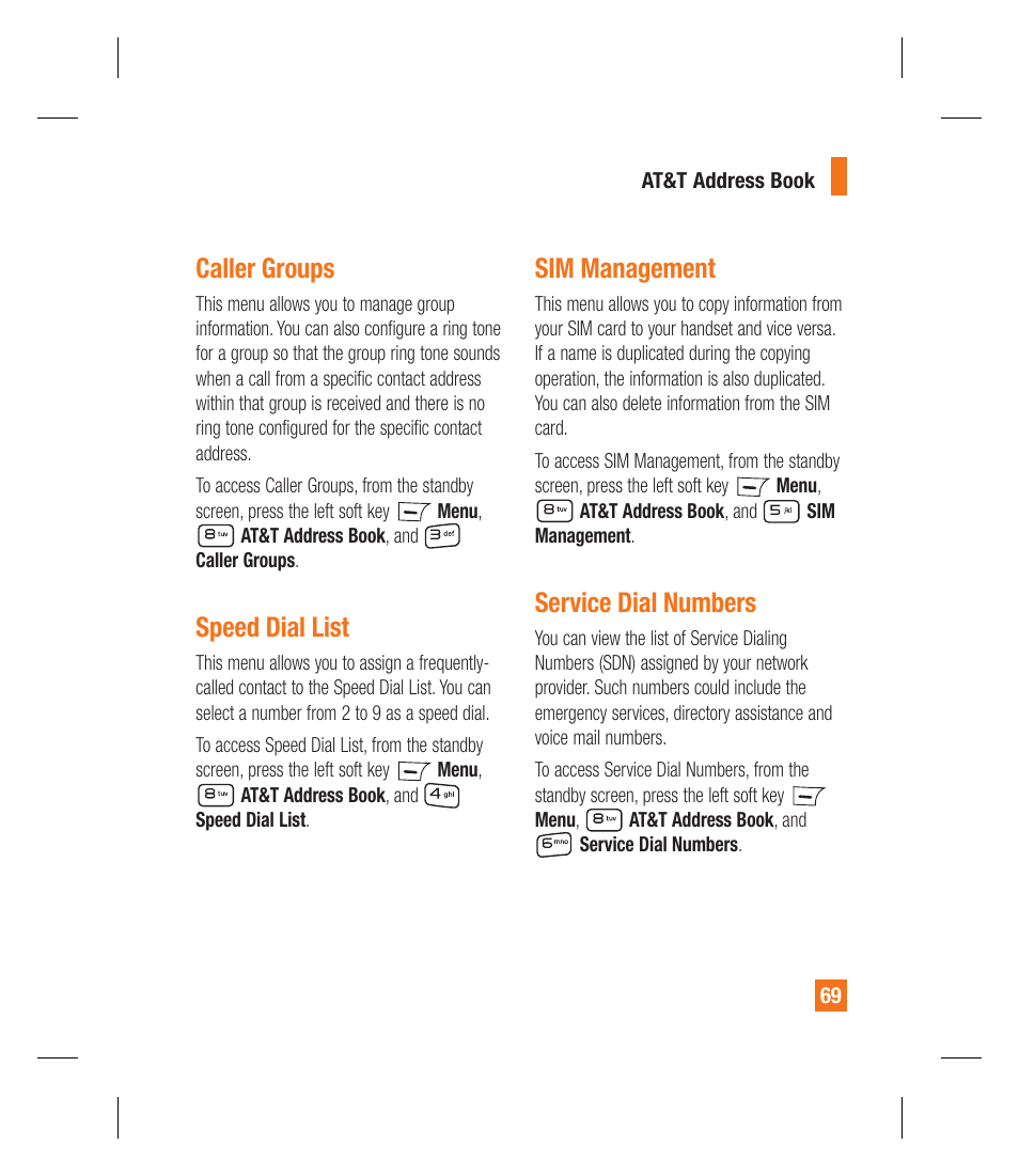 Caller groups, Speed dial list, Sim management | Service dial numbers | LG GU295 User Manual | Page 73 / 258