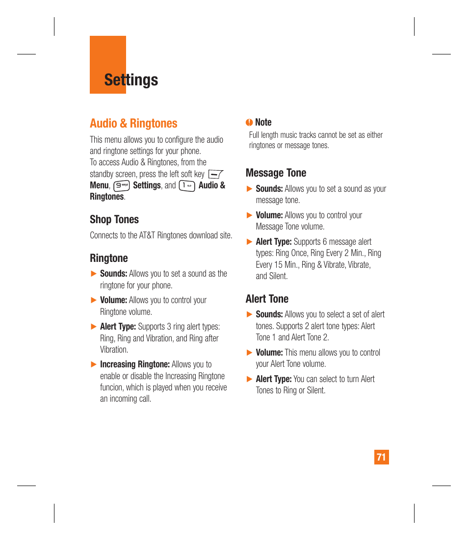 Settings, Audio & ringtones | LG GU295 User Manual | Page 75 / 258