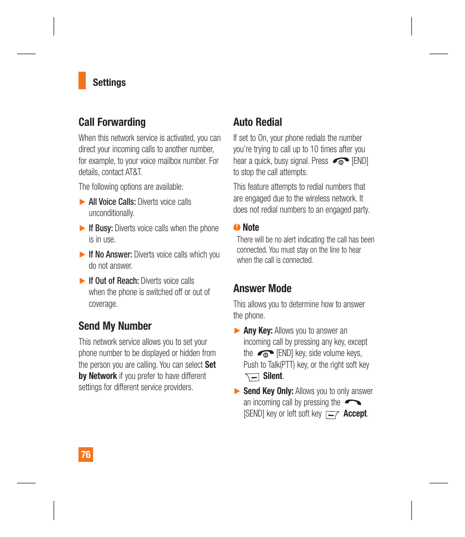 Call forwarding, Send my number, Auto redial | Answer mode | LG GU295 User Manual | Page 80 / 258