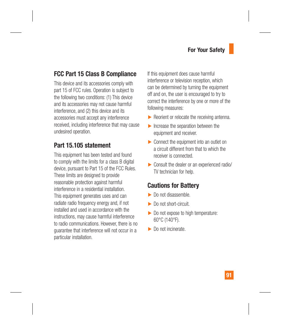 Fcc part 15 class b compliance, Cautions for battery | LG GU295 User Manual | Page 95 / 258