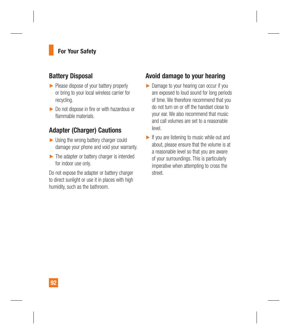 Battery disposal, Adapter (charger) cautions, Avoid damage to your hearing | LG GU295 User Manual | Page 96 / 258