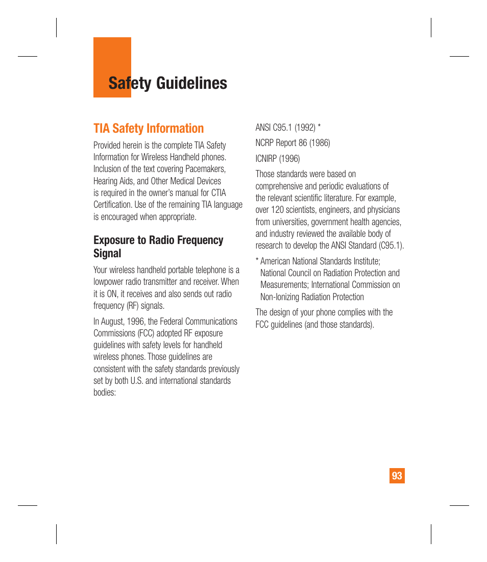 Safety guidelines, Tia safety information | LG GU295 User Manual | Page 97 / 258