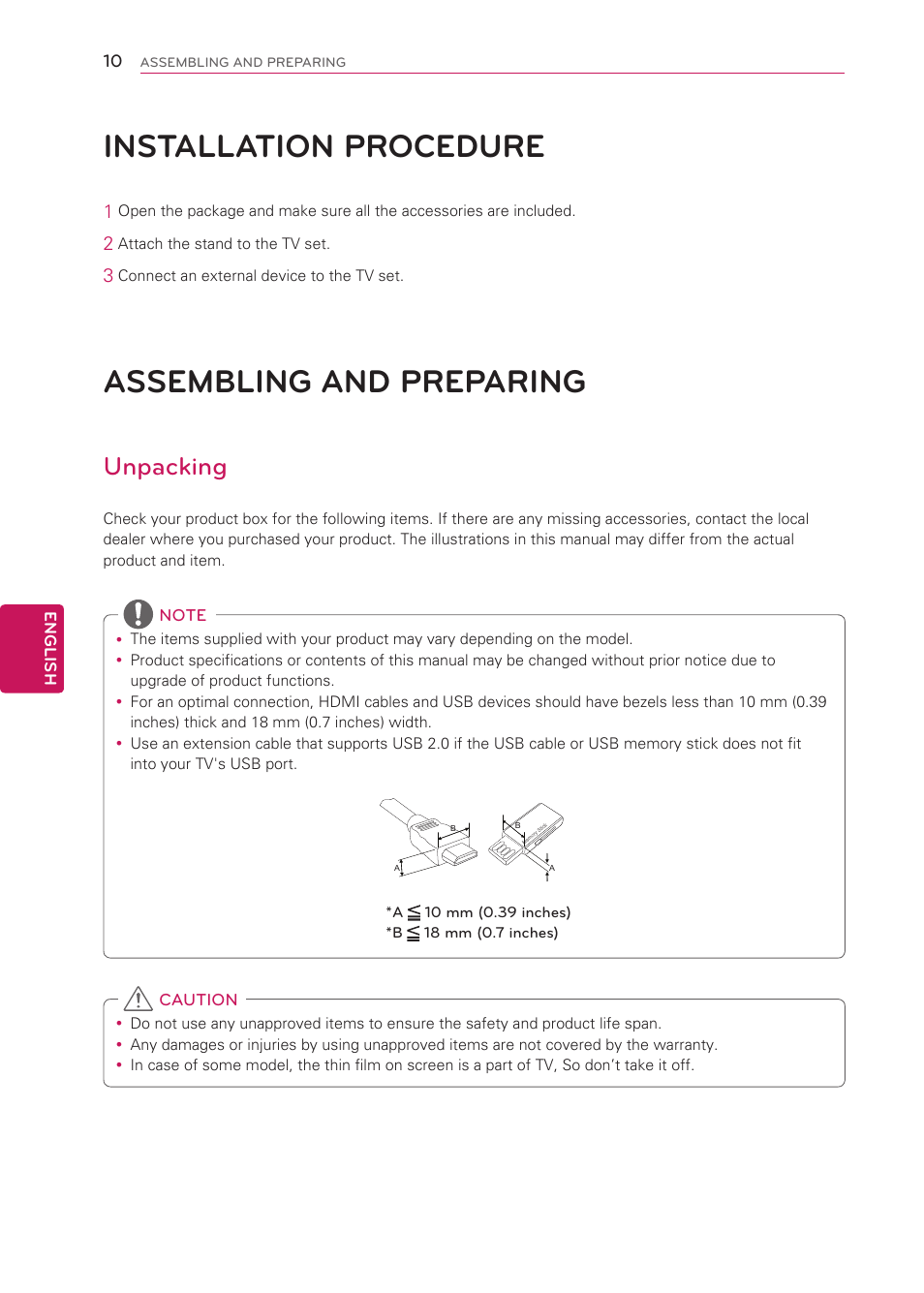 Installation procedure, Assembling and preparing, Unpacking | 10 installation procedure, 10 assembling and preparing | LG 42LS3400 User Manual | Page 10 / 72