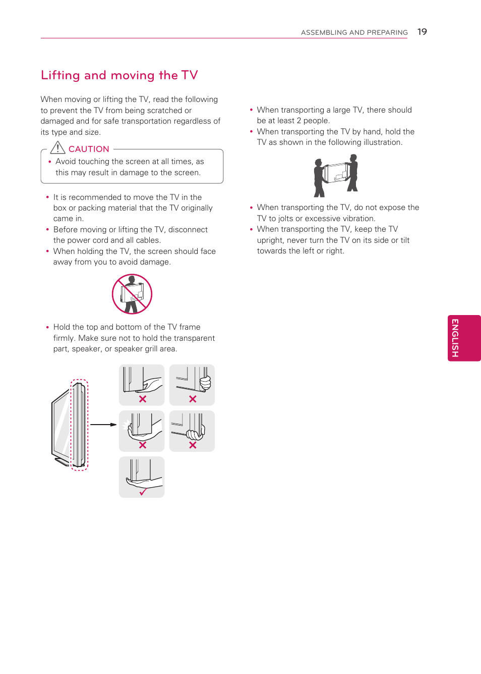 Lifting and moving the tv | LG 42LS3400 User Manual | Page 19 / 72