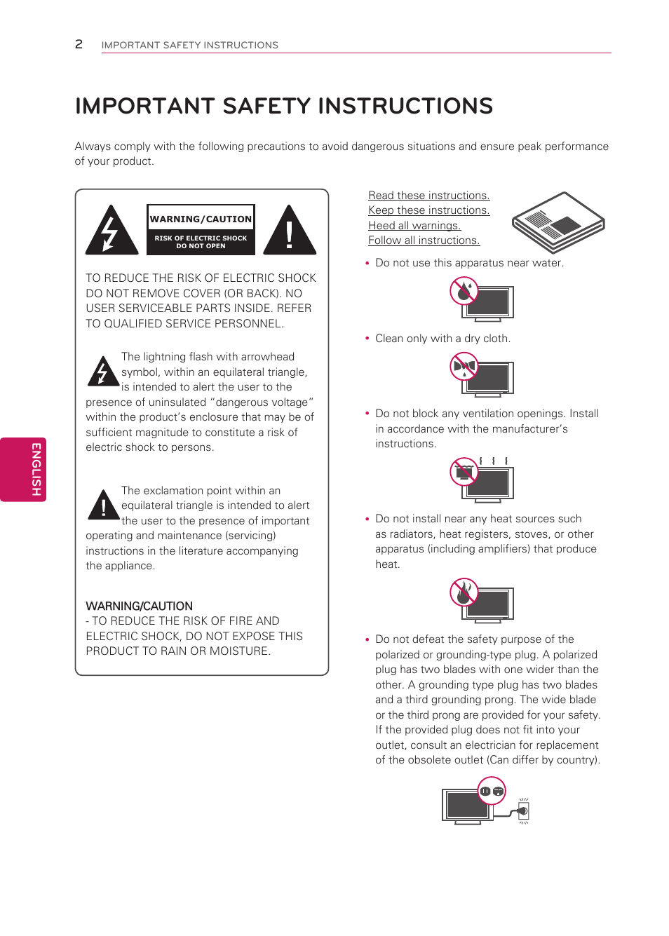 Important safety instructions, English, Yclean only with a dry cloth | LG 42LS3400 User Manual | Page 2 / 72