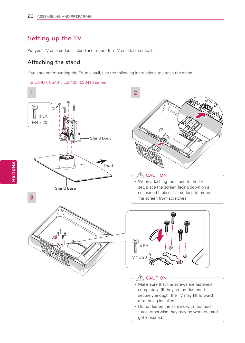 Setting up the tv, Attaching the stand, See p.20) | LG 42LS3400 User Manual | Page 20 / 72