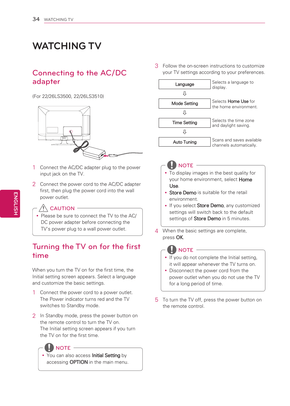 Watching tv, Connecting to the ac/dc adapter, Turning the tv on for the first time | 34 watching tv | LG 42LS3400 User Manual | Page 34 / 72