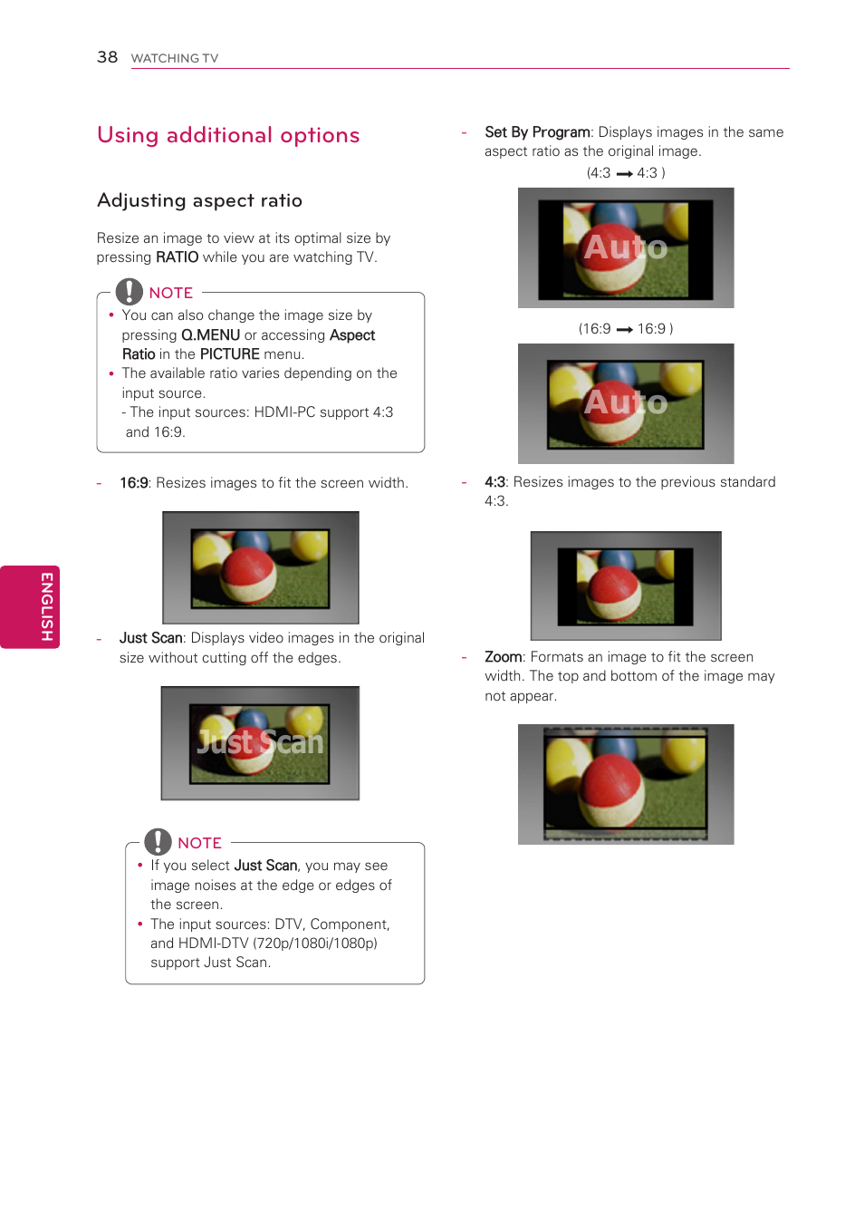 Using additional options, Adjusting aspect ratio, See p.38) | Just scan, Auto | LG 42LS3400 User Manual | Page 38 / 72