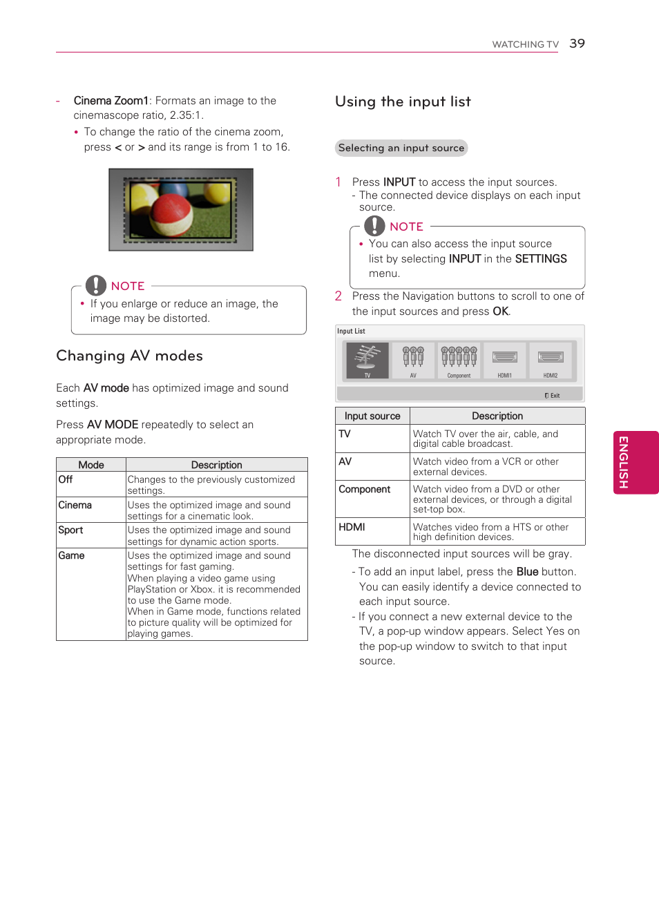 Changing av modes, Using the input list, See p.39) | LG 42LS3400 User Manual | Page 39 / 72